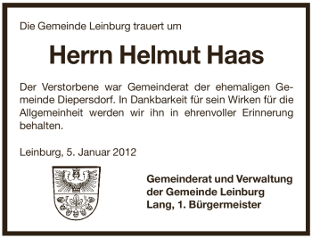 Traueranzeige von Helmut Haas von Pegnitz-Zeitung